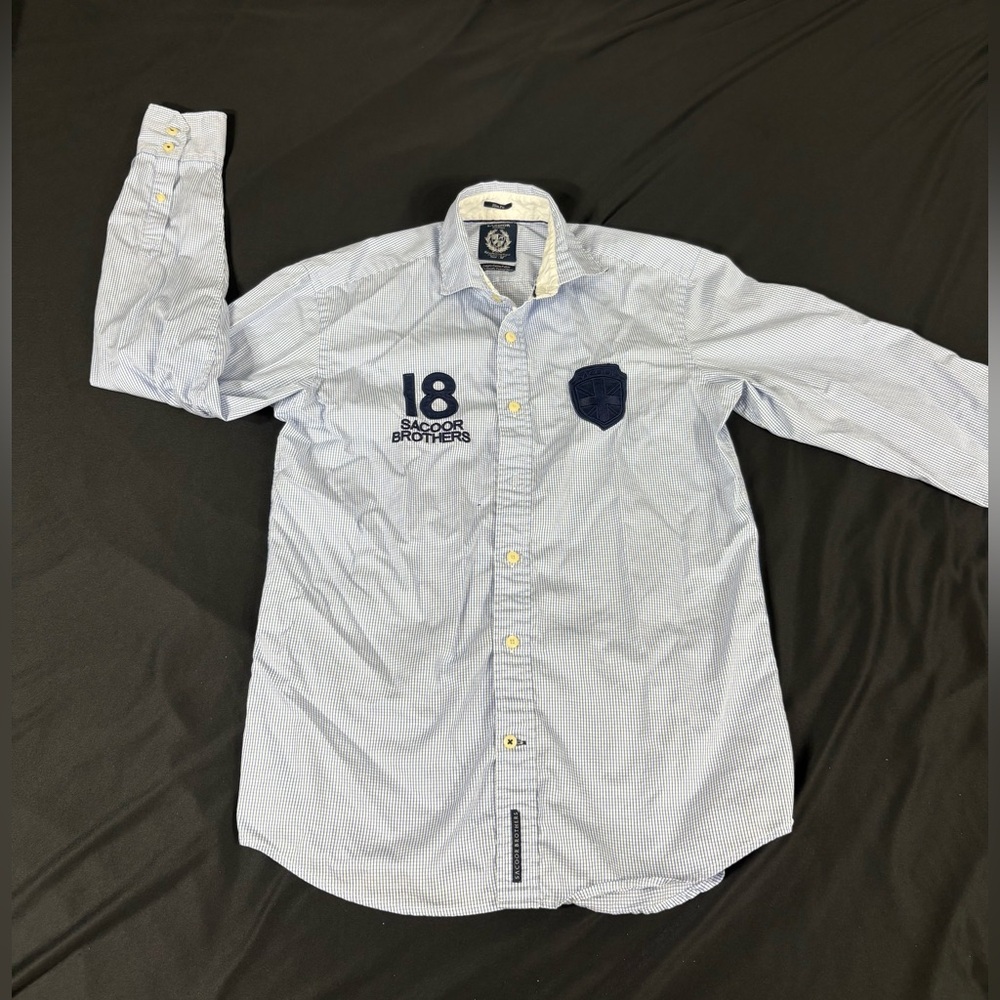 Sacoor Brothers Mens Light Blue Plaid Long Sleeve Button Up Shirt M